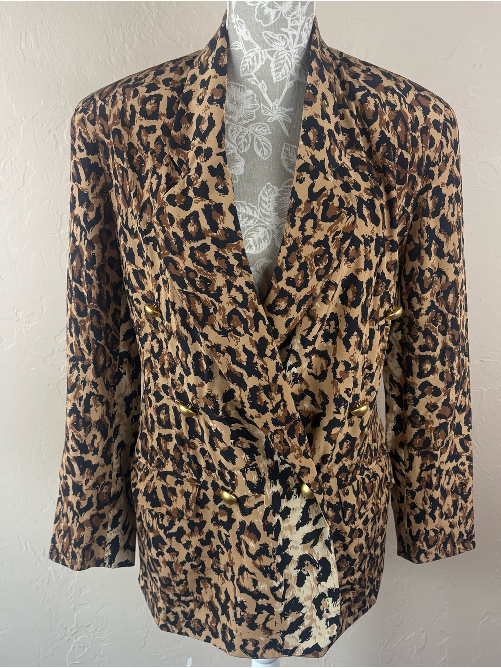 Vintage Bloomingdale’s Animal Print Cheetah Double Breasted Silk Blazer Womens 6